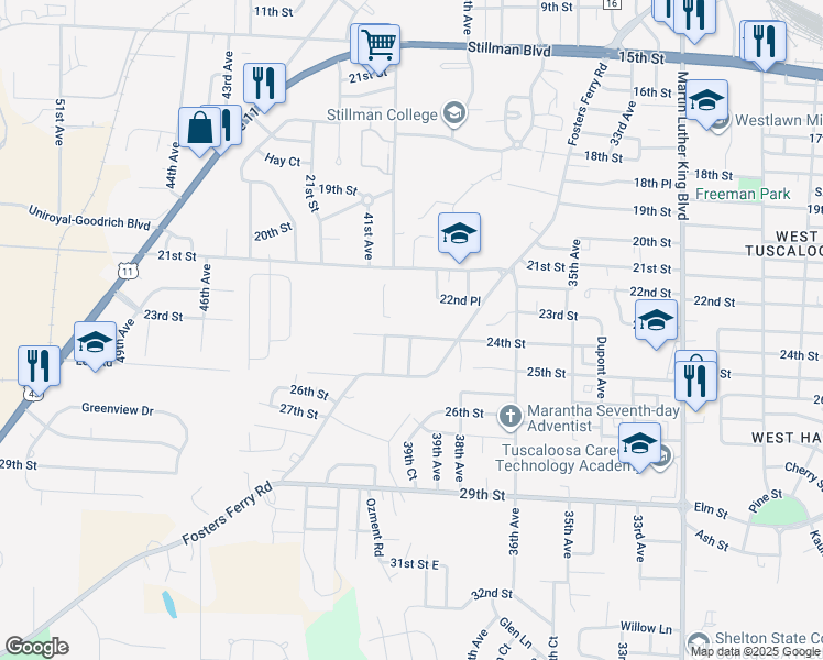 map of restaurants, bars, coffee shops, grocery stores, and more near 3800-3898 24th Street in Tuscaloosa