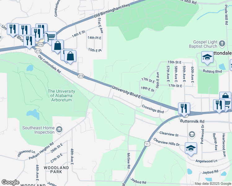 map of restaurants, bars, coffee shops, grocery stores, and more near Snider Rd in Tuscaloosa