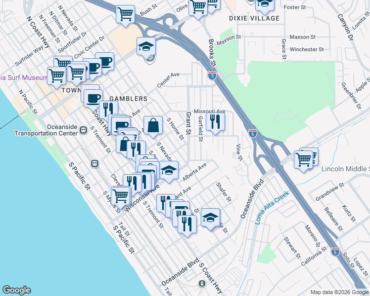 map of restaurants, bars, coffee shops, grocery stores, and more near 911 Minnesota Avenue in Oceanside