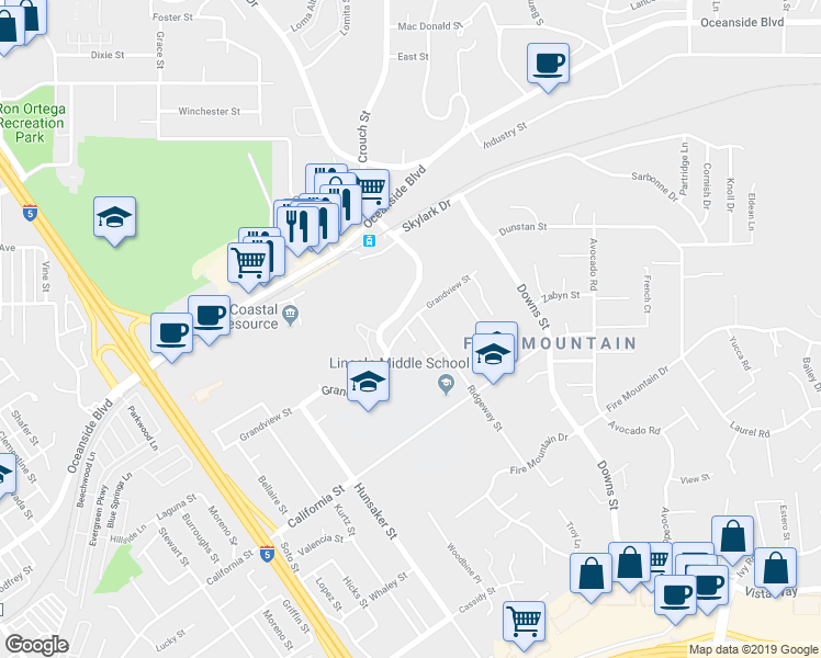 map of restaurants, bars, coffee shops, grocery stores, and more near 2075 Grandview Street in Oceanside