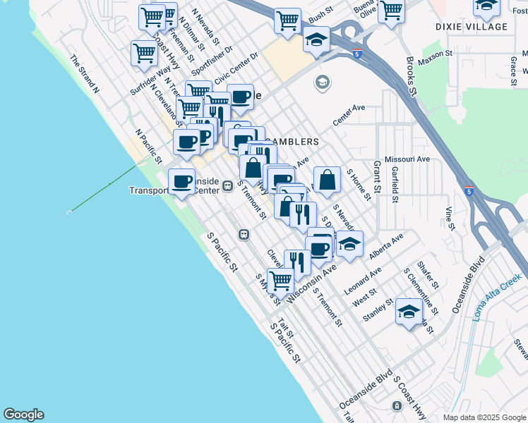 map of restaurants, bars, coffee shops, grocery stores, and more near 321 South Coast Highway in Oceanside