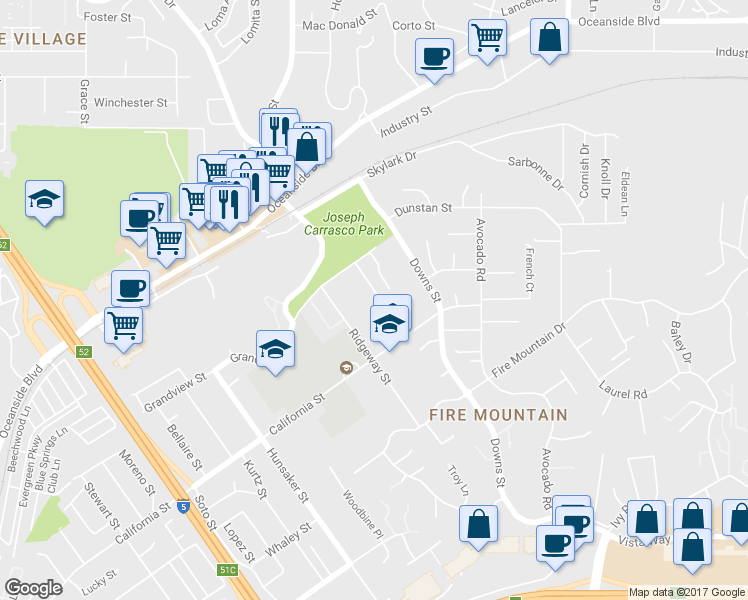 map of restaurants, bars, coffee shops, grocery stores, and more near 2133 Grandview Street in Oceanside