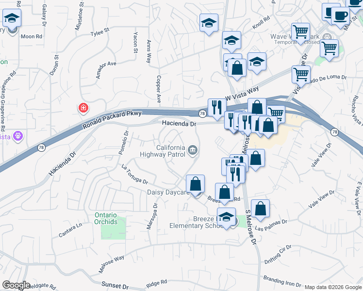 map of restaurants, bars, coffee shops, grocery stores, and more near 840 Wandering Road in Vista