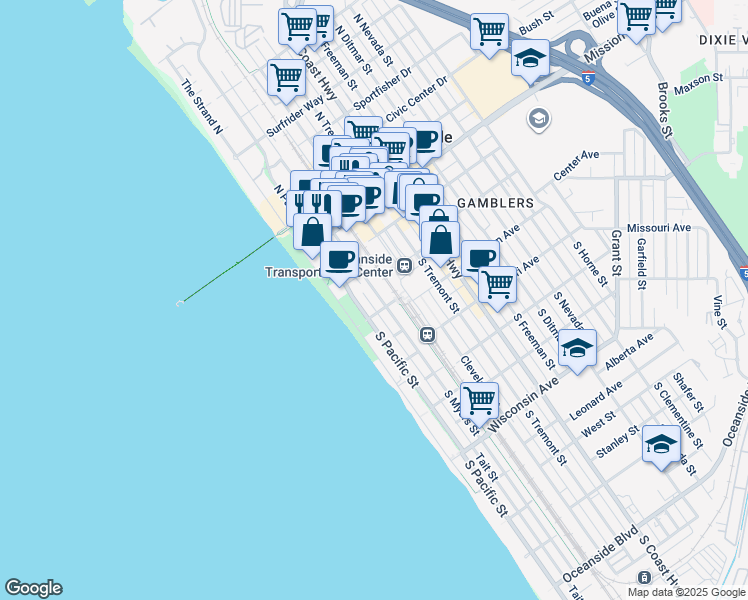 map of restaurants, bars, coffee shops, grocery stores, and more near 136 South Pacific Street in Oceanside