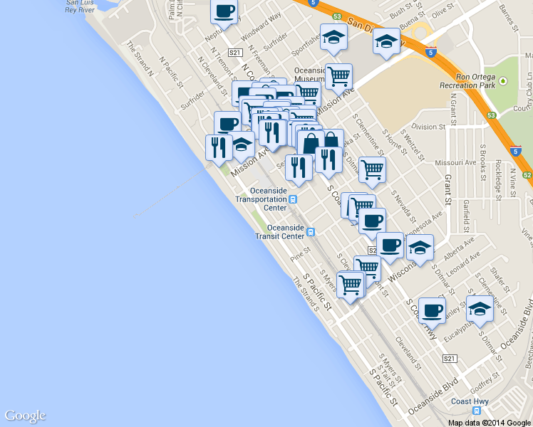 map of restaurants, bars, coffee shops, grocery stores, and more near 136 South Pacific Street in Oceanside