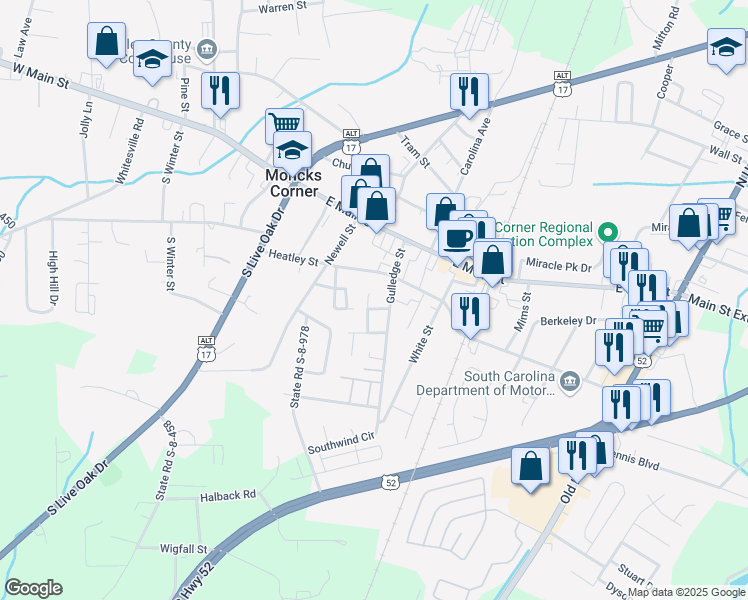 map of restaurants, bars, coffee shops, grocery stores, and more near 209B Allen Richard Court in Moncks Corner