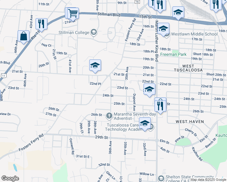 map of restaurants, bars, coffee shops, grocery stores, and more near 2311 Herman Avenue in Tuscaloosa