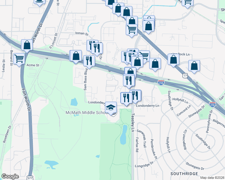 map of restaurants, bars, coffee shops, grocery stores, and more near 500 South Interstate 35 East in Denton