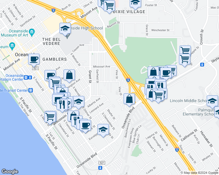 map of restaurants, bars, coffee shops, grocery stores, and more near 619 Rockledge Street in Oceanside