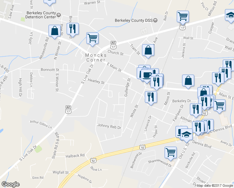 map of restaurants, bars, coffee shops, grocery stores, and more near 209B Allen Richard Court in Moncks Corner