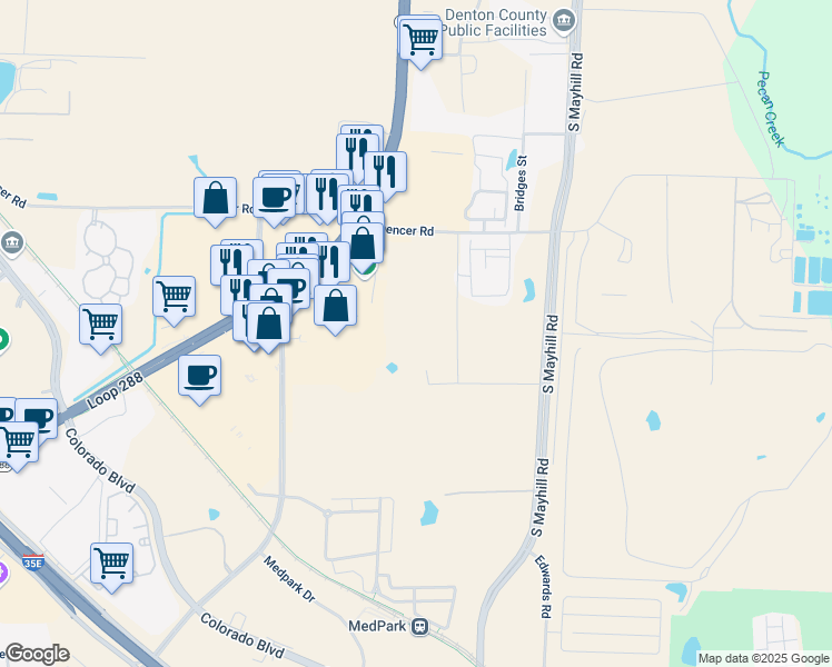 map of restaurants, bars, coffee shops, grocery stores, and more near 1710 North Star Road in Denton