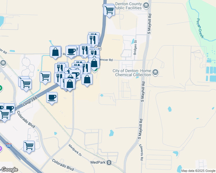 map of restaurants, bars, coffee shops, grocery stores, and more near 1515 South Loop 288 in Denton