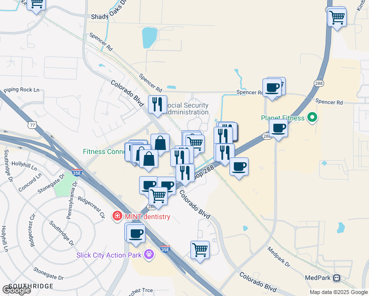 map of restaurants, bars, coffee shops, grocery stores, and more near 2311 Colorado Blvd in Denton
