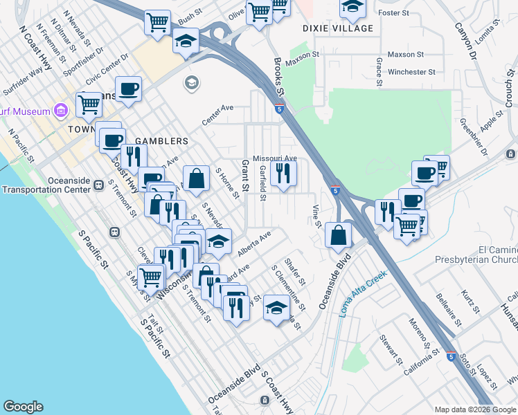 map of restaurants, bars, coffee shops, grocery stores, and more near 614 Garfield Street in Oceanside