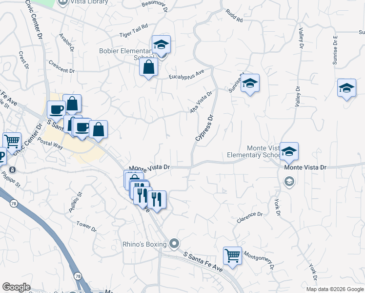 map of restaurants, bars, coffee shops, grocery stores, and more near 1084 Chelsea Court in Vista