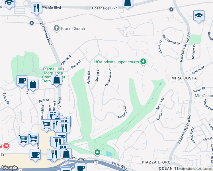 map of restaurants, bars, coffee shops, grocery stores, and more near Oceanview Road in Oceanside