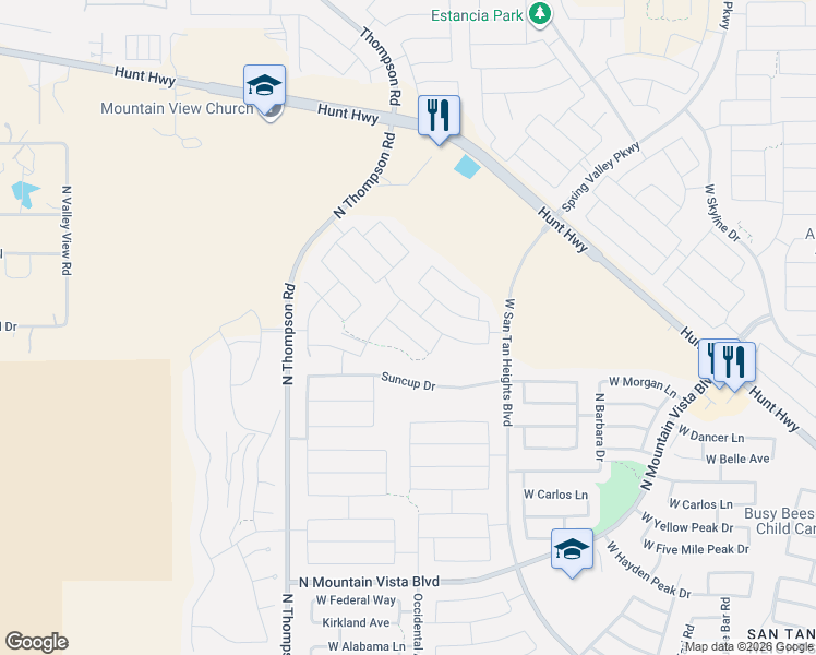 map of restaurants, bars, coffee shops, grocery stores, and more near West San Tan Heights Boulevard in San Tan Valley