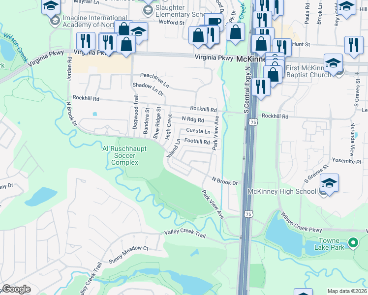 map of restaurants, bars, coffee shops, grocery stores, and more near 2334 Brookview Drive in McKinney