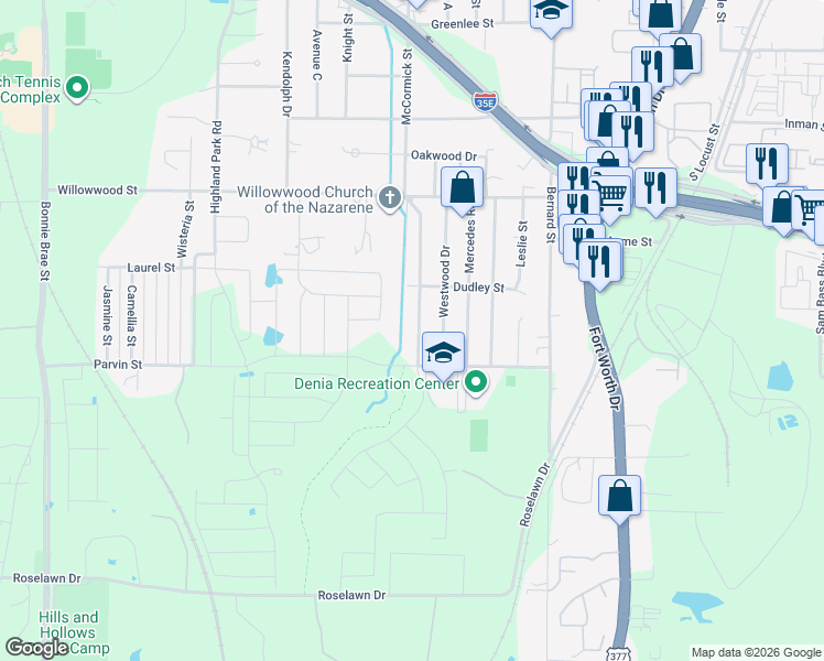 map of restaurants, bars, coffee shops, grocery stores, and more near 2314 McCormick Street in Denton