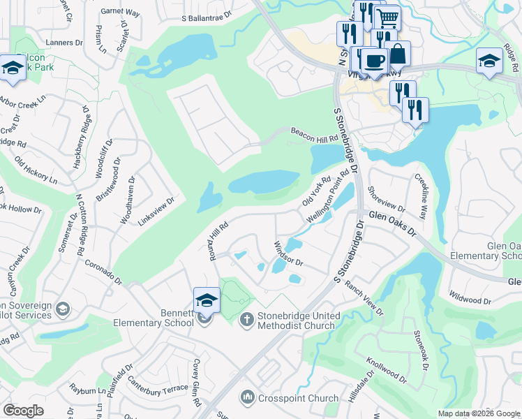 map of restaurants, bars, coffee shops, grocery stores, and more near 7204 Round Hill Road in McKinney