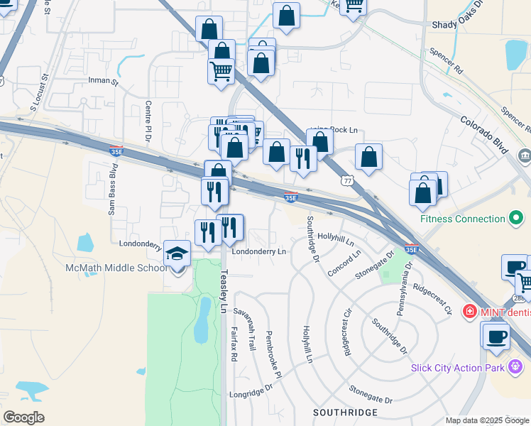 map of restaurants, bars, coffee shops, grocery stores, and more near 1710 Westminster Street in Denton