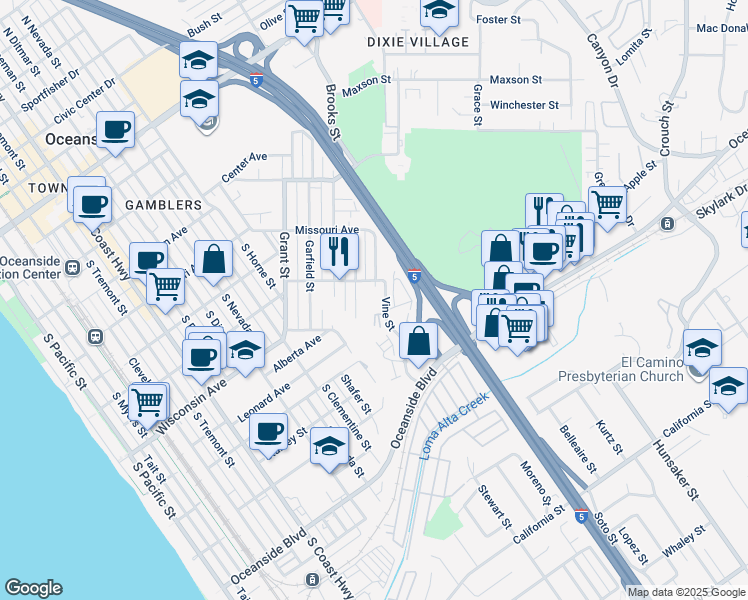 map of restaurants, bars, coffee shops, grocery stores, and more near 615 Vine Street in Oceanside