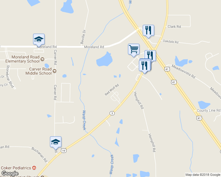 map of restaurants, bars, coffee shops, grocery stores, and more near 335 Red Wolf Road in Griffin