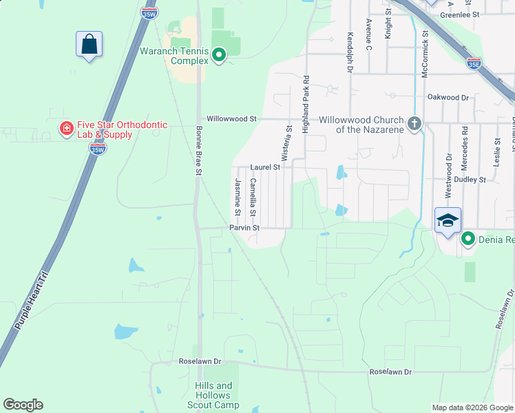 map of restaurants, bars, coffee shops, grocery stores, and more near 2101 Camellia Street in Denton