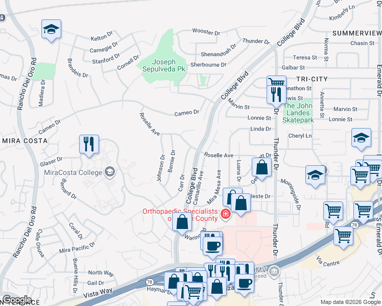 map of restaurants, bars, coffee shops, grocery stores, and more near 3160 Carr Drive in Oceanside