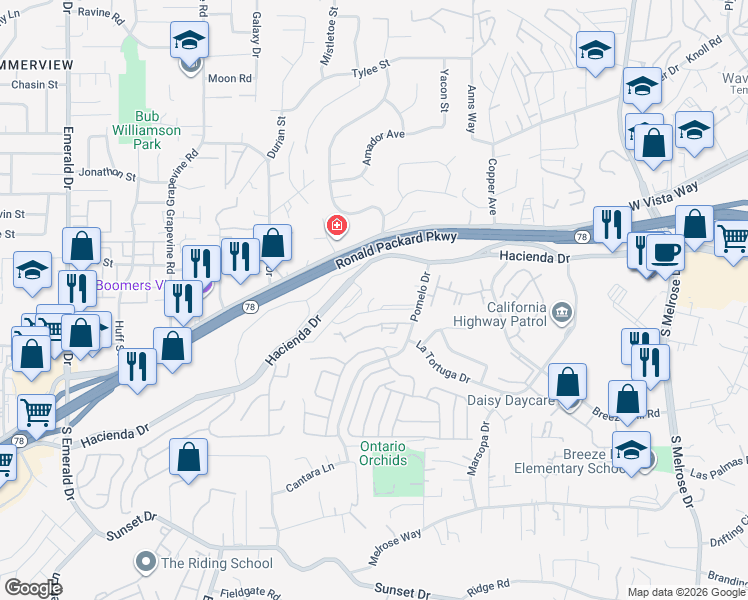 map of restaurants, bars, coffee shops, grocery stores, and more near 1280 Hacienda Drive in Vista