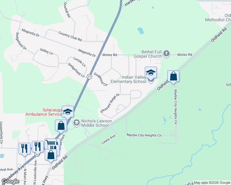 map of restaurants, bars, coffee shops, grocery stores, and more near 1847 Pleasant Ridge Drive in Sylacauga