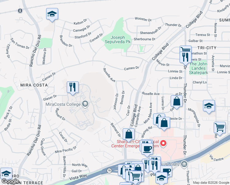 map of restaurants, bars, coffee shops, grocery stores, and more near 4063 Johnson Drive in Oceanside