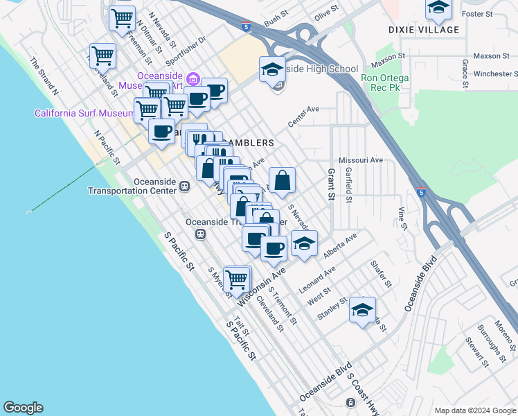 map of restaurants, bars, coffee shops, grocery stores, and more near 408 South Freeman Street in Oceanside