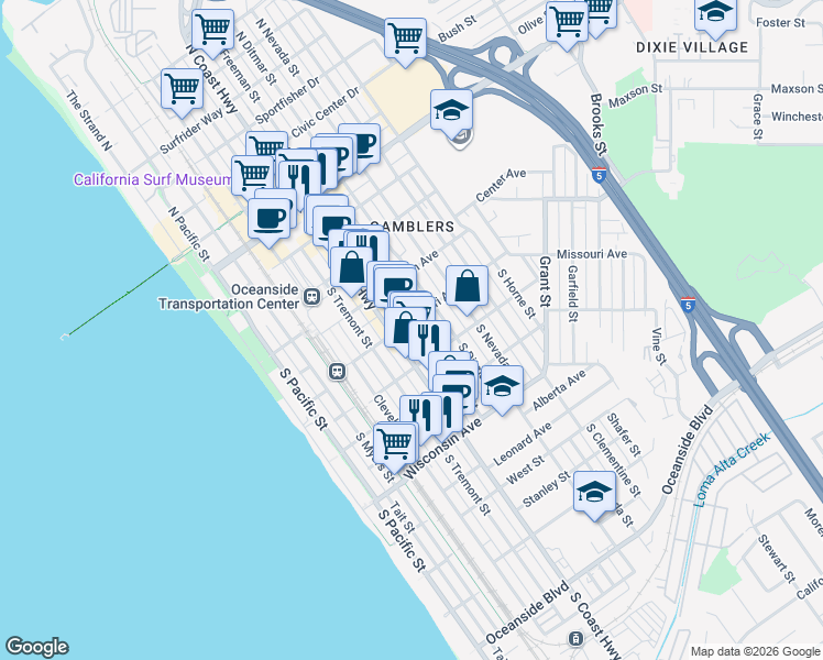 map of restaurants, bars, coffee shops, grocery stores, and more near 410 South Freeman Street in Oceanside