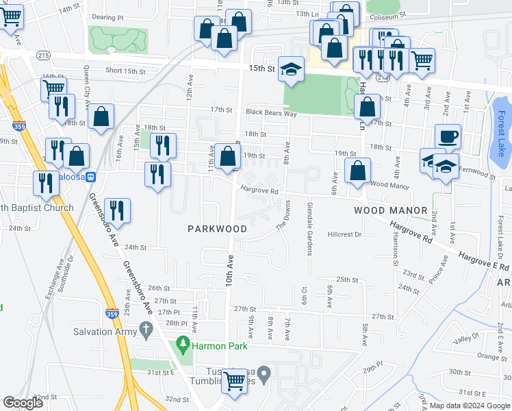 map of restaurants, bars, coffee shops, grocery stores, and more near 2101-2199 10th Avenue in Tuscaloosa