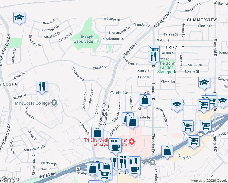 map of restaurants, bars, coffee shops, grocery stores, and more near 3052 Camarillo Avenue in Oceanside