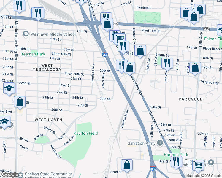 map of restaurants, bars, coffee shops, grocery stores, and more near 2610 22nd Street in Tuscaloosa