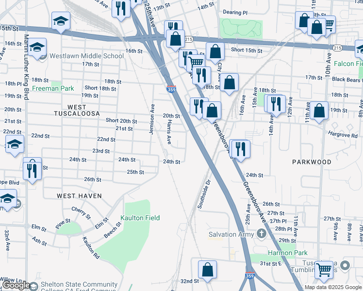 map of restaurants, bars, coffee shops, grocery stores, and more near 2610 22nd Street in Tuscaloosa