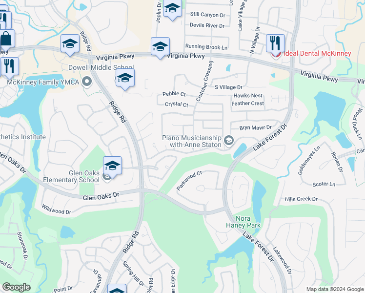 map of restaurants, bars, coffee shops, grocery stores, and more near 5415 Mill Run Drive in McKinney