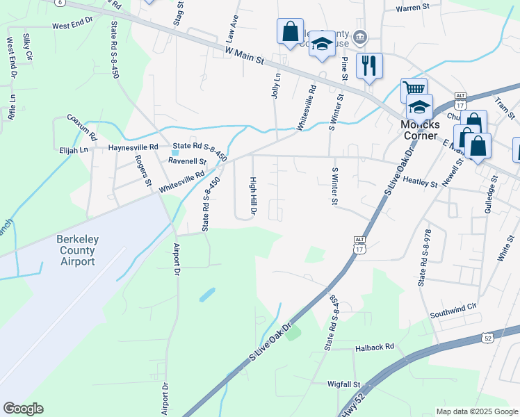 map of restaurants, bars, coffee shops, grocery stores, and more near 223 High Hill Drive in Moncks Corner