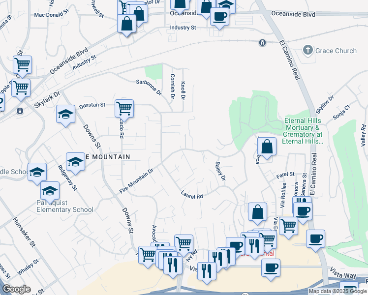 map of restaurants, bars, coffee shops, grocery stores, and more near 98 Fire Mountain Drive in Oceanside