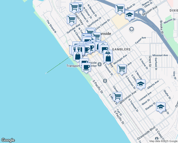 map of restaurants, bars, coffee shops, grocery stores, and more near 136 South Pacific Street in Oceanside
