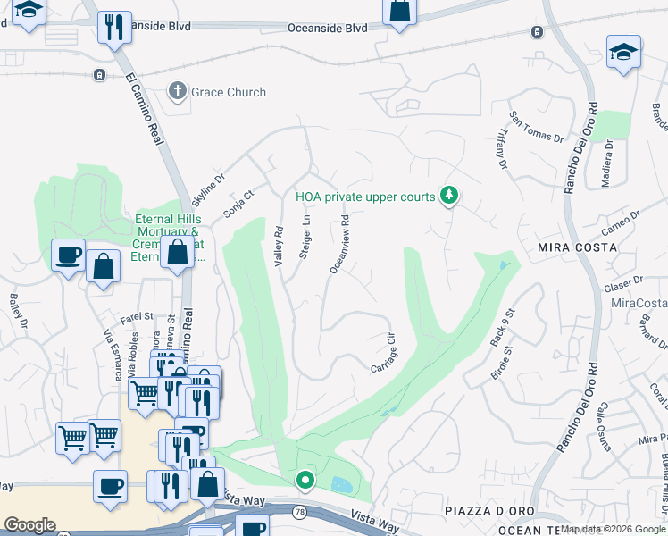 map of restaurants, bars, coffee shops, grocery stores, and more near Oceanview Road in Oceanside