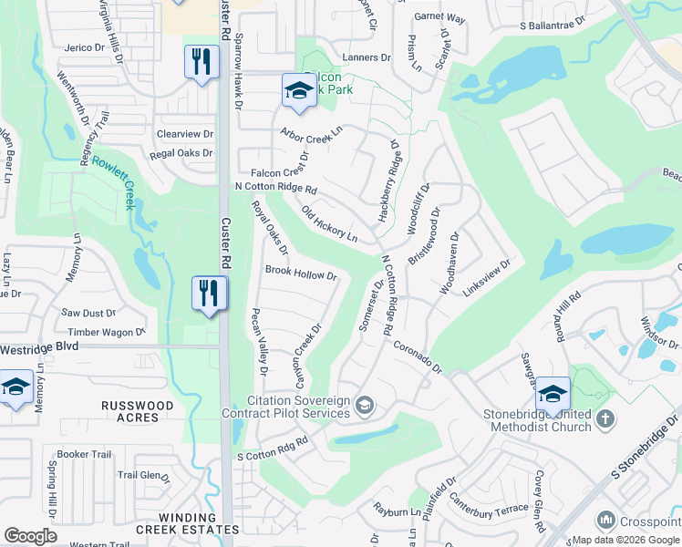 map of restaurants, bars, coffee shops, grocery stores, and more near 8500 Brook Hollow Drive in McKinney