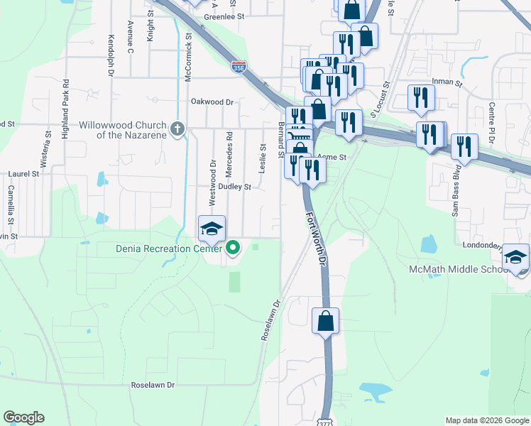 map of restaurants, bars, coffee shops, grocery stores, and more near 2309 Leslie Street in Denton