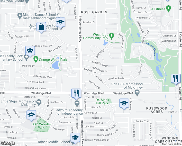 map of restaurants, bars, coffee shops, grocery stores, and more near 9904 Old Field Drive in McKinney