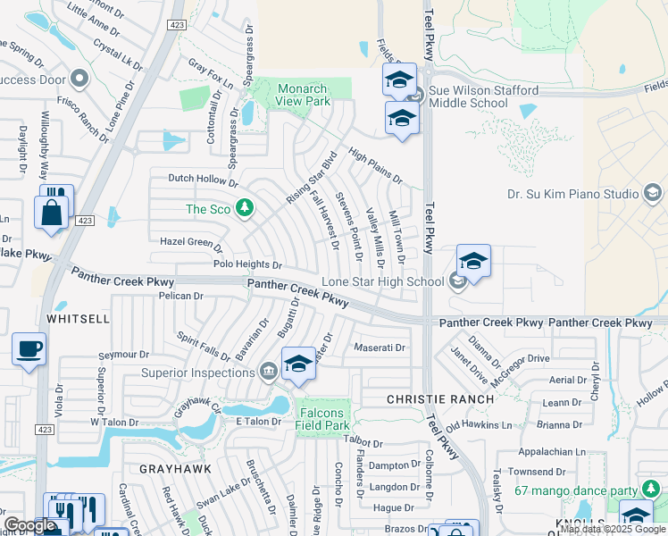map of restaurants, bars, coffee shops, grocery stores, and more near 13653 Fall Harvest Drive in Frisco