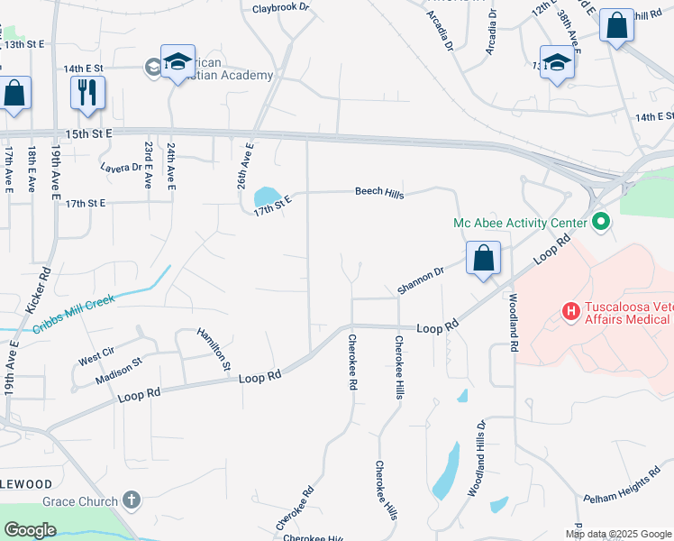 map of restaurants, bars, coffee shops, grocery stores, and more near 11 Beech Hills Drive in Tuscaloosa