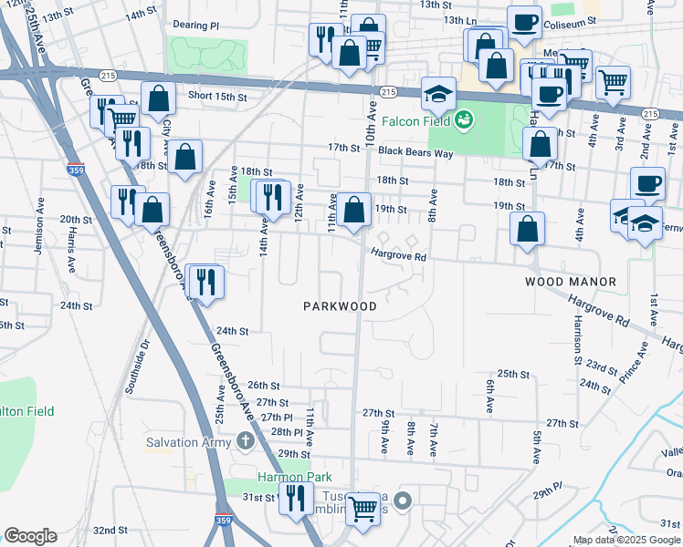 map of restaurants, bars, coffee shops, grocery stores, and more near 35 Meadowlawn Court in Tuscaloosa