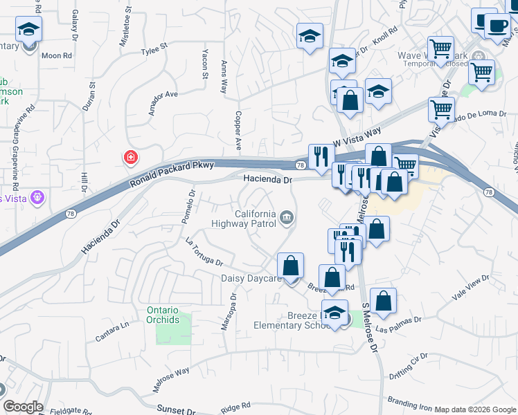 map of restaurants, bars, coffee shops, grocery stores, and more near 844 Wandering Road in Vista